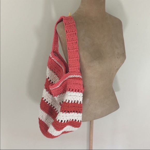 Handmade Crochet large stripe tote in cotton - Picture 1 of 6